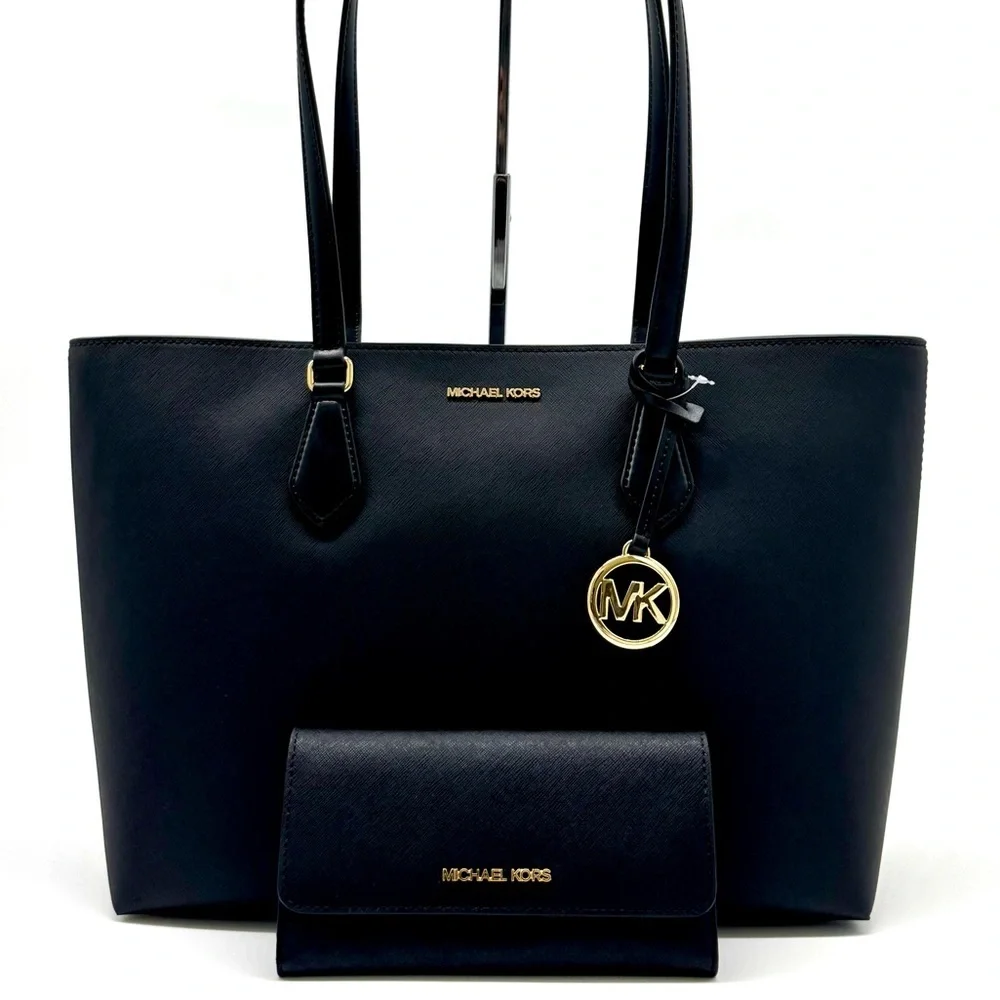 Michael Kors Sheila Large Logo Tote Bag & Matching Trifold Wallet Black/Gold